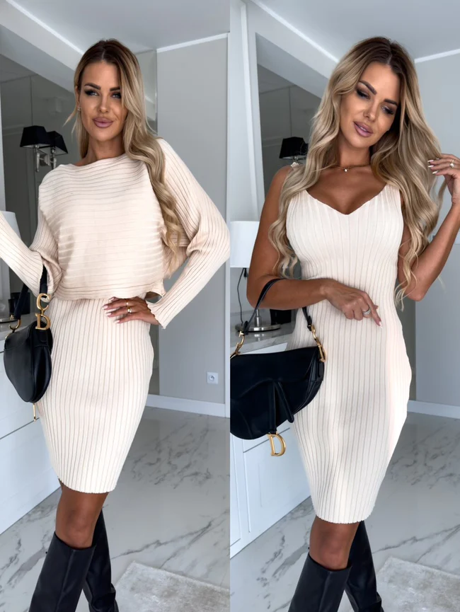 Ensemble Robe Midi Sans Manches et Pull pour Femmes