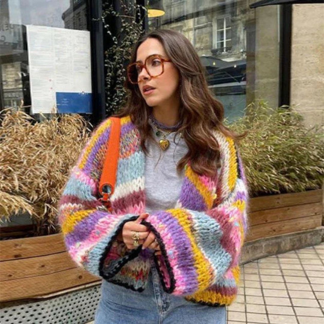 Mairis | Cardigan à Carreaux pour Femme avec Rayures Arc-en-Ciel