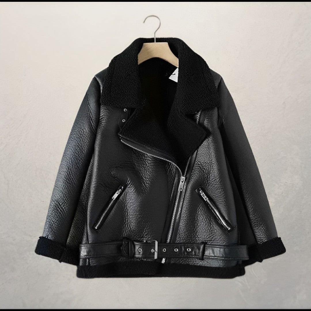Adriena | Veste en Cuir Femme Doublée Polaire avec Ceinture Bouclée