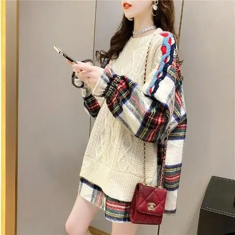 Josephine - Robe pull ample en tricot torsadé à carreaux pour femme