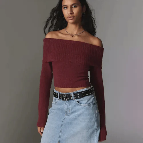 Ysolde | Pull court épaules dénudées pour un style chic hivernal